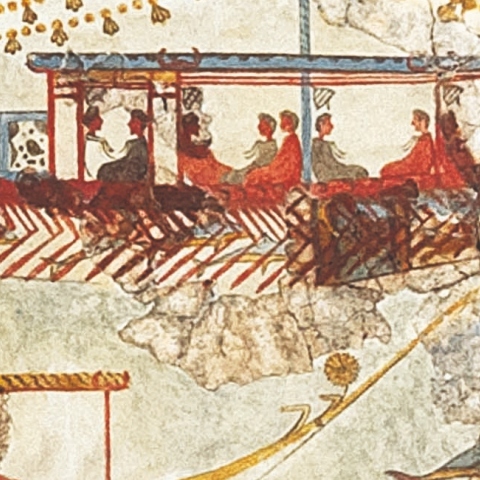 Η τοιχογραφία του Στόλου από το Ακρωτήρι στο Μουσείο Προϊστορικής Θήρας