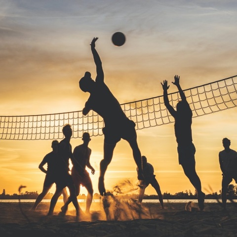 Μια παρέα παίζει βόλει στην παραλία. 