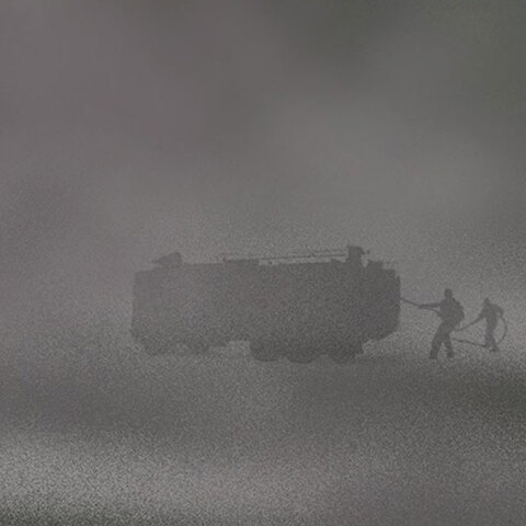 Στο νέο του σκίτσο για τις πυρκαγιές ο Αρκάς παρουσιάζει δύο πυροσβέστες να μάχονται μέσα στον καπνό που έχει κρύψει τον ήλιο