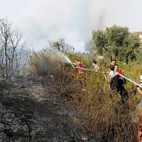Στην Αλγερία, στην περιοχή Τίζι Ούζου, κάτοικοι και πυροσβέστες ρίχνουν με τη μάνικα νερό σε φωτιά