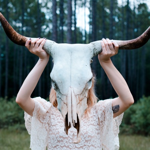 Κοπέλα κρατάει κρανίο ζώου με κέρατα