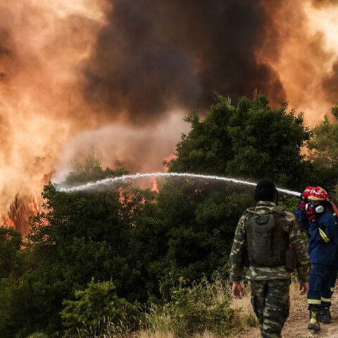 Πυροσβέστες ρίχνουν νερό σε πυρκαγιά (ΦΩΤΟ ΑΡΧΕΙΟΥ) - Εστάλη μήνυμα 112 σε κατοίκους για τη φωτιά στο Δίστομο