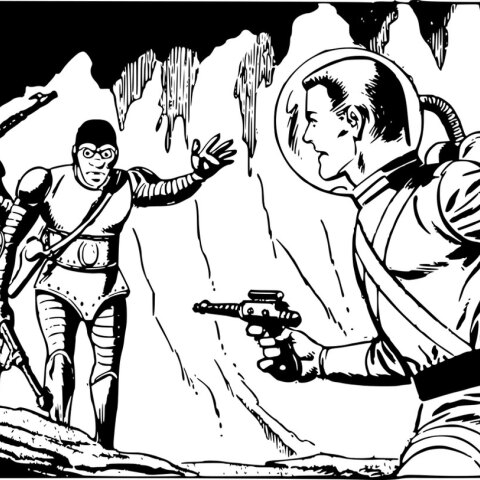 Σκίτσο κόμικ με αστροναύτες και εξωγήινους