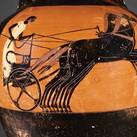 Tέθριππος με τέσσερα άλογα σε ζυγό. Αττικός Παναθηναϊκός αμφορέας 490-480 π.Χ., του ζωγράφου Κλεοφράδη. Τερακότα (Μουσείο J. Paul Getty)