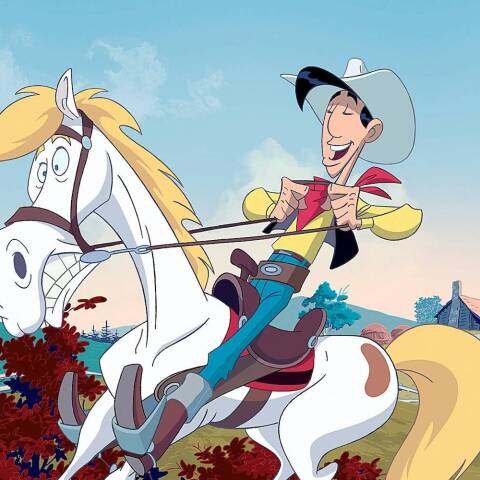 Σκίτσο που δείχνει τον κόμικ ήρωα Λούκι Λουκ πάνω στο άλογό του