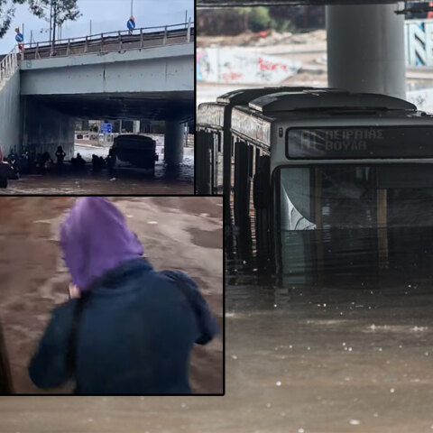Δραματικές εικόνες στην Ποσειδώνος με λεωφορείο να εγκλωβίζεται σε πλημμυρισμένη γέφυρα και τους επιβάτες να αποχωρούν