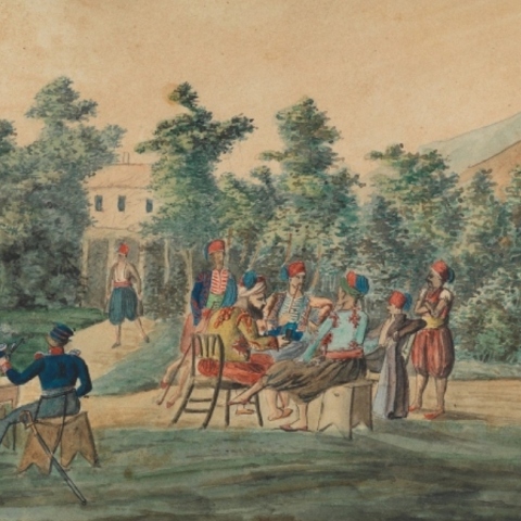 "Έλληνες και Βαυαροί στρατιώτες σε ώρα ανάπαυλας", έργο του Λούντβιχ Κελνμπέργκερ, 1834, από τη Συλλογή Κρασάκη