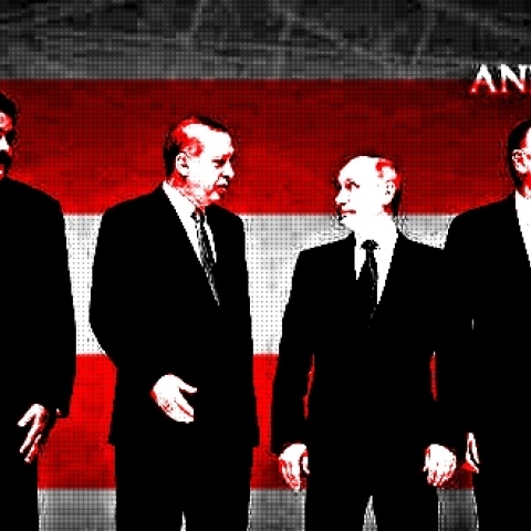 Εικονογράφηση που απεικονίζει τους πολιτικούς ηγέτες Μαδούρο, Ερντογάν, Πούτιν