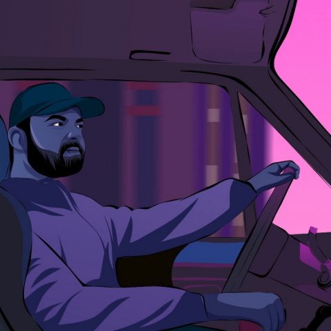 Animation που δείχνει άνδρα να οδηγά αυτοκίνητο