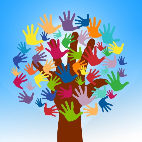 Εικονογράφηση που απεικονίζει δέντρο που αποτελείται από πολύχρωμες ανθρώπινες παλάμες