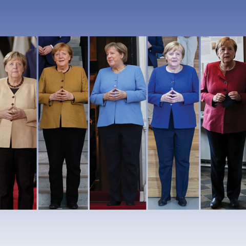 Η Άνχελα Μέρκελ με τη χαρακτηριστική «στολή» της, το ίδιο σακάκι σε διάφορα χρώματα. 