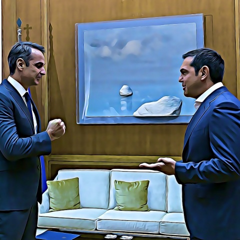 Εικονογράφηση που απεικονίζει τον Κυριάκο Μητσοτάκη να συζητά με τον Αλέξη Τσίπρα