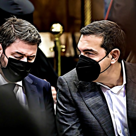 Εικονογράφηση που απεικονίζει τον Νίκο Ανδρουλάκη και τον Αλέξη Τσίπρα