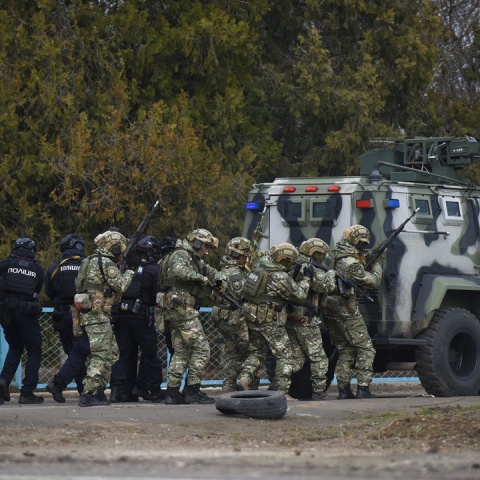 Ουκρανοί αστυνομικοί και στρατιωτικοί κάνουν άσκηση κοντά στο χωριό Kalanchak