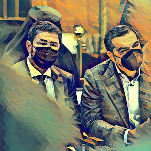 Εικονογράφηση που απεικονίζει τον Νίκο Ανδρουλάκη και τον Αλέξη Τσίπρα