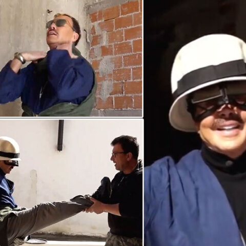 Ο Λάκης Γαβαλάς στην οικοδομή, ντυμένος οικοδόμος