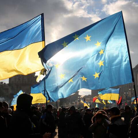 Διαδηλωτές με σημαίες της Ουκρανίας και της Ευρωπαϊκής Ένωσης