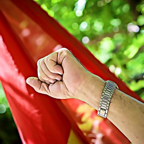 Υψωμένη γροθιά από διαδηλωτή του ΚΚΕ