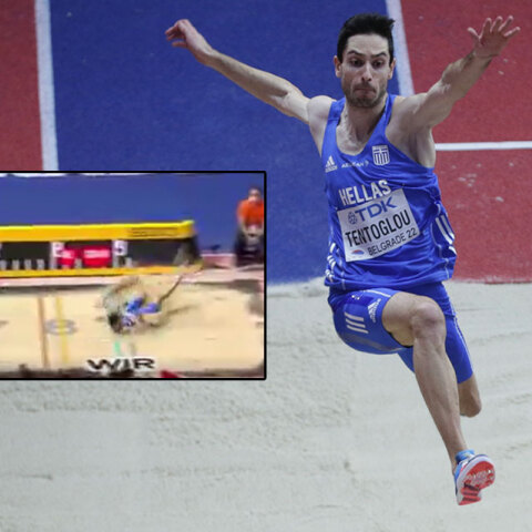 Μίλτος Τεντόγλου: Στιγμιότυπο από το άλμα που του χάρισε το χρυσό μετάλλιο στο Παγκόσμιο Πρωτάθλημα Κλειστού Στίβου στο Βελιγράδι