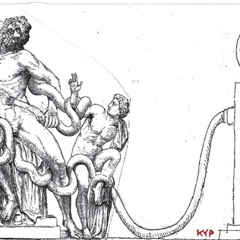 Σκίτσο του ΚΥΡ που απεικονίζει πρατήριο βενζίνης και το σύμπλεγμα του Λαοκόντος