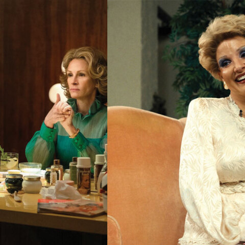 Η Julia Roberts (αριστερά) ως Μάρθα Μίτσελ στη σειρά Gaslit και η Jessica Chastain ως Τάμι Φέι στην ταινία The eyes of Tammy Faye