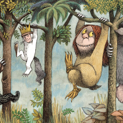 Εικονογράφηση με άγρια ζώα που κρέμονται από κλαδιά δέντρων, ανάμεσά τους και ένα άνθρωπος