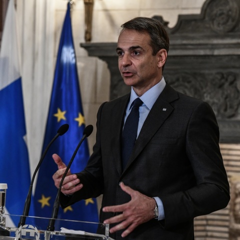 Ο πρωθυπουργός, Κυριάκος Μητσοτάκης, κατά τη διάρκεια δηλώσεων στο Μέγαρο Μαξίμου