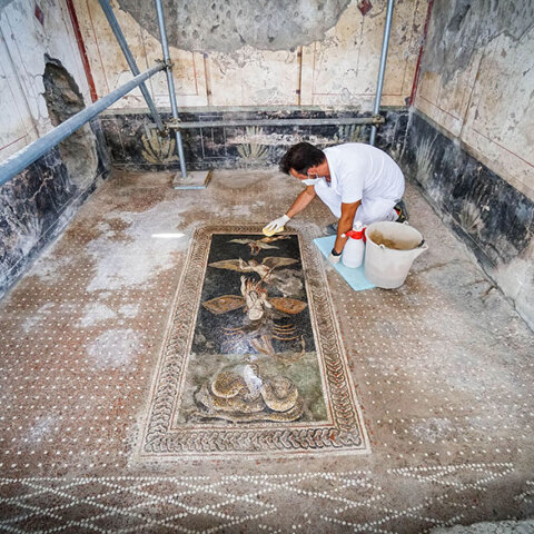 Αρχαιολόγος εκτελεί εργασίες καθαρισμού σε νωπογραφία στην Πομπηία
