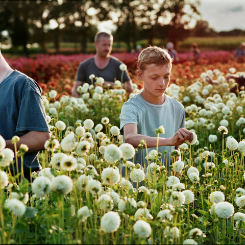 Παιδιά σε λιβάδι που πιάνουν λουλούδια