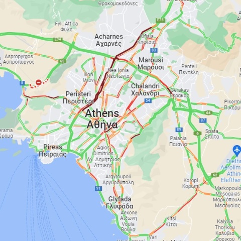 Χάρτης με την κίνηση στους δρόμους της Αθήνας