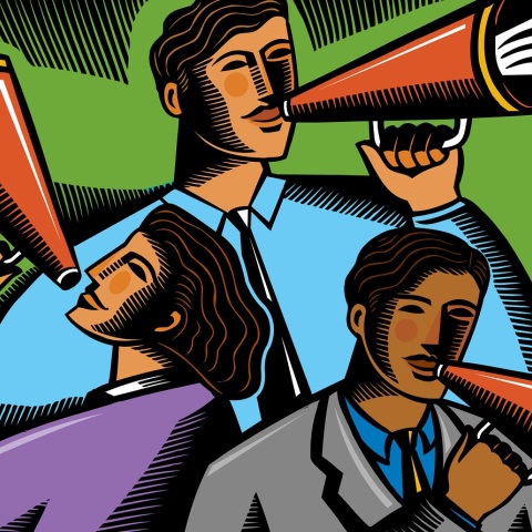 Εικονογράφηση που απεικονίζει τρεις ανθρώπους με μεγάφωνο