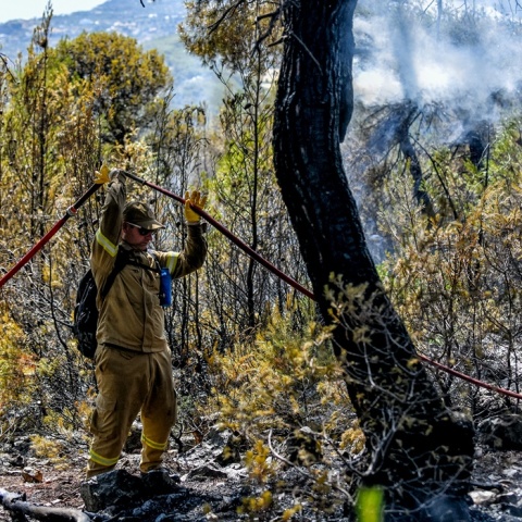 Φωτογραφία όπου πυροσβέστης πατά σε καμένα και κρατά ψηλά με τη μάνικα
