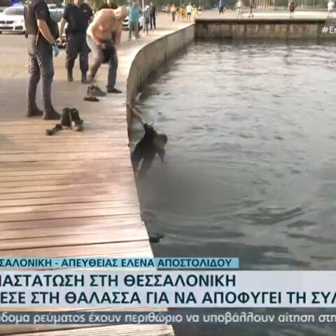 Θεσσαλονίκη: Αστυνομικός κρατά άνδρα που έπεσε στον Θερμαϊκό για να διαφύγει τη σύλληψη