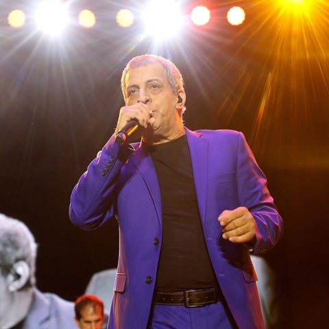 Ο Θέμης Αδαμαντίδης τραγουδά στη σκηνή και κρατά το μικρόφωνο