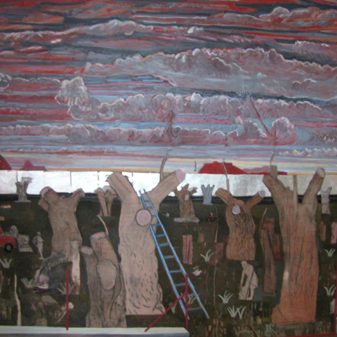 Κώστας Παπανικολάου Ελαιώνας, 2017 αβγοτέμπερα σε κοντραπλακέ 140 x 173 εκ. (για το βιβλίο «Το μέλι και η στάχτη του Θεού», 2002)