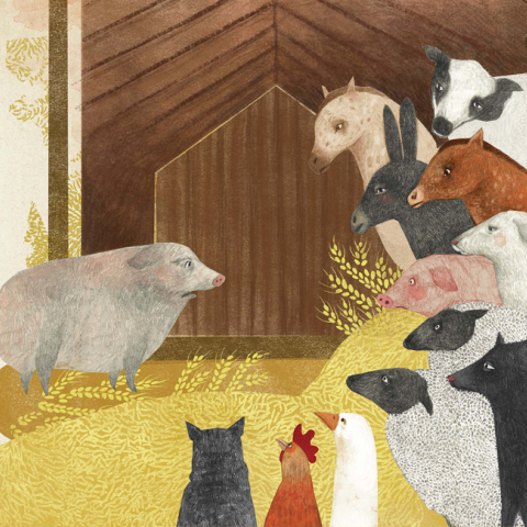 Εικονογράφηση της Θέντας Μιμηλάκη για τη διασκευή της Φάρμας των Ζώων σε παιδικό βιβλίο