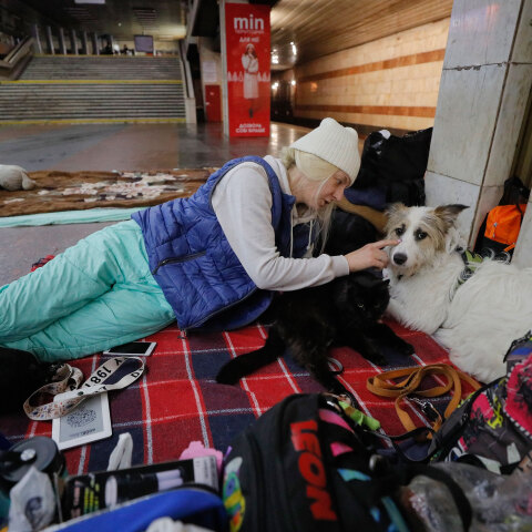 Κίεβο: Γυναίκα με τον σκύλο και τη γάτα της σε σταθμό του μετρό, ο οποίος χρησιμοποιείται ως αυτοσχέδιο καταφύγιο