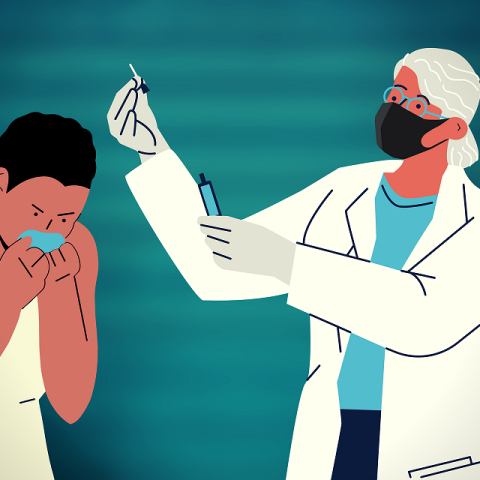 Εικονογράφηση που απεικονίζει γιατρό πριν τον εμβολιασμό ανθρώπου