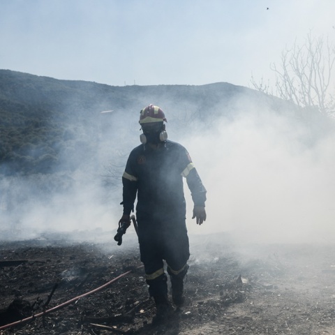 Φωτιά τώρα - Κίνδυνος πυρκαγιάς και πυροσβέστης που επιχειρεί με τη μάνικα στην κατάσβεση 