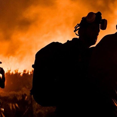 Πυροσβέστες επιχειρούν τη νύχτα σε δασική πυρκαγιά