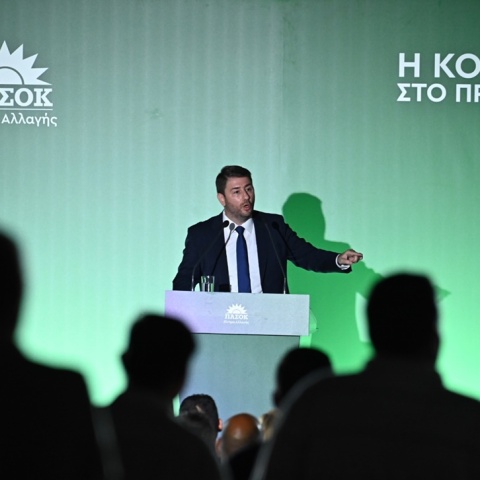 Ο Νίκος Ανδρουλάκης με το έμβλημα του ΠΑΣΟΚ-ΚΙΝΑΛ απευθύνεται σε κοινό