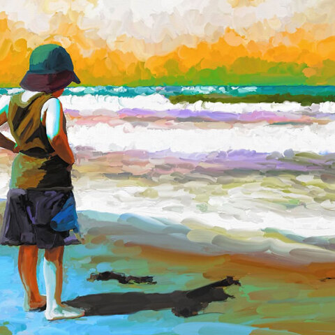 Εικονογράφηση με παιδί μπροστά στην παραλία