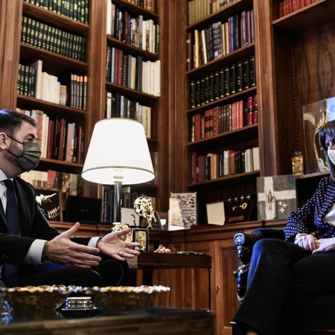 Η Πρόεδρος της Δημοκρατίας, Κατερίνα Σακελλαροπούλου, και ο Νίκος Ανδρουλάκης στο Προεδρικό Μέγαρο
