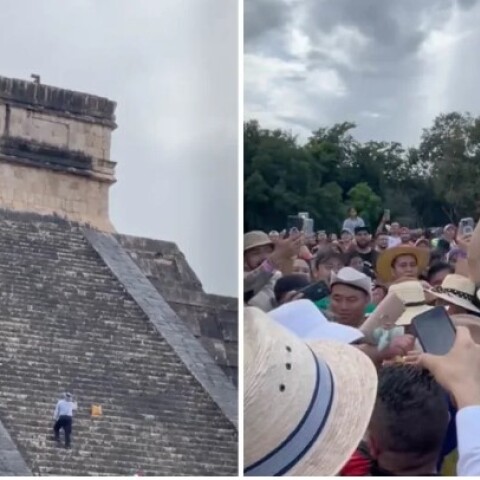 Τουρίστρια στην πυραμίδα των Μάγια στο Μεξικό
