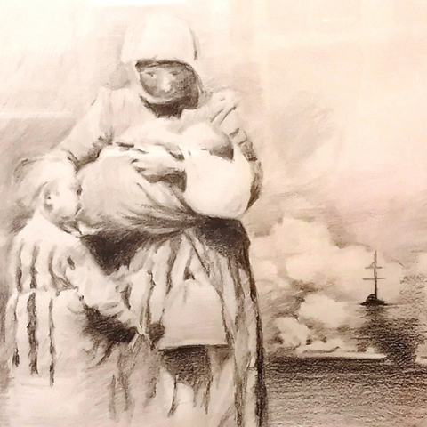 «Πρόσφυγας μάνα με παιδιά την ώρα της φωτιάς». Έργο της Βασιλικής Ηλιακοπούλου από την έκθεση «1922 και 100 χρόνια μετά»