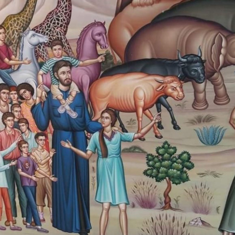 Αγιογραφία με τους ιδρυτές της «Κιβωτού του Κόσμου» και παιδιά 