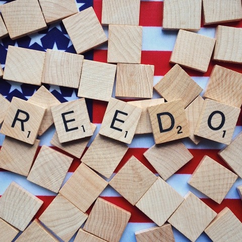 Κομμάτια από σκραμπλ σχηματίζουν τη λέξη ελευθερία στα αγγλικά - Είναι τοποθετημένα στη σημαία των ΗΠΑ