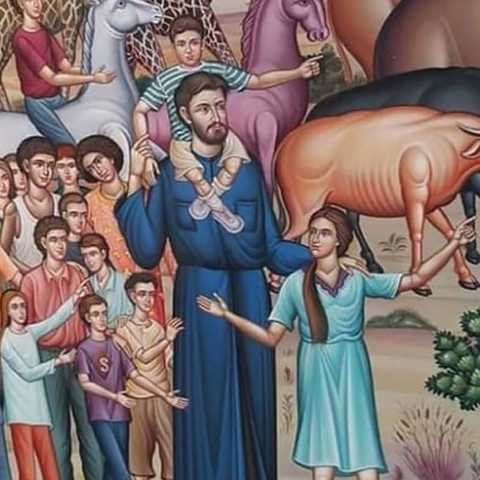 Κιβωτός του Κόσμου: Ο πατέρας Αντώνιος σε αγιογραφία ως Νώε, με την πρεσβυτέρα δίπλα του