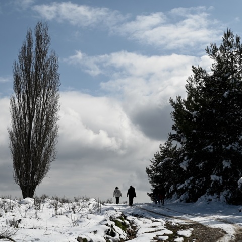 Πολίτες περπατούν σε χιονισμένο τοπίο