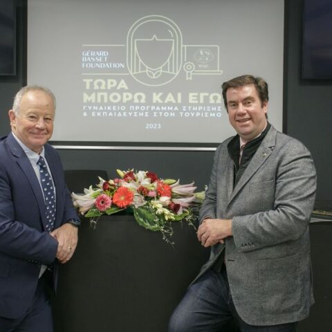 Ο Ian Harris MBE, DipWSET - Trustee of the Gerard Basset Foundation και ο Κωνσταντίνος Λαζαράκης MW-Προέδρος & Head of WSPC Education